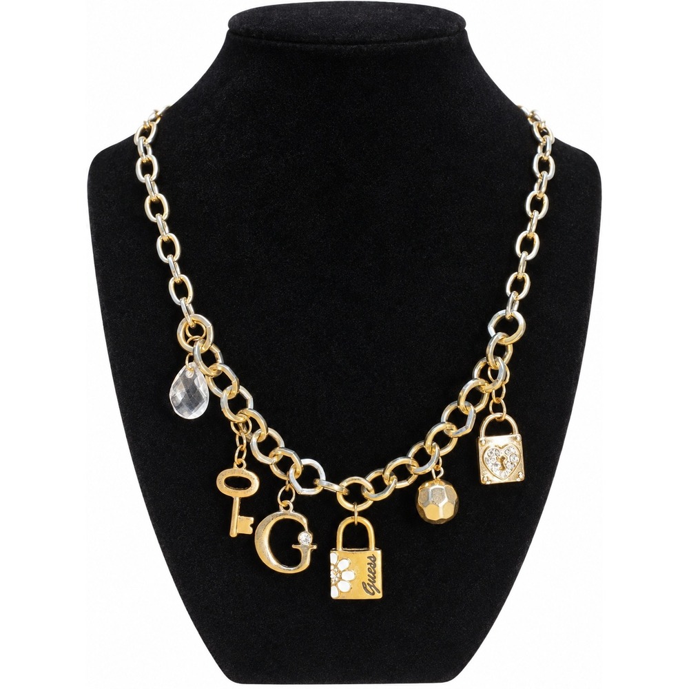 Guess Gold Tone Multi Charm Necklace Padlock Key Heart Logo Rhinestone J152